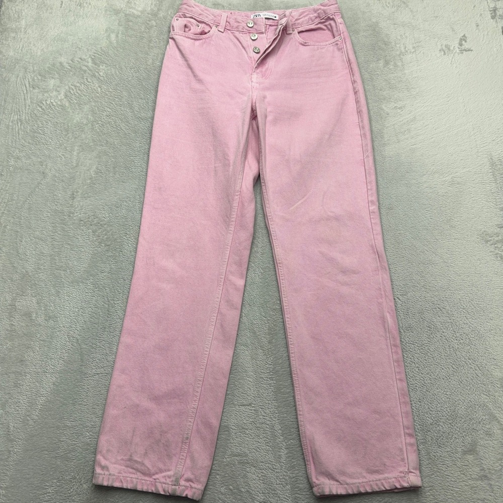 Zara Jeans Womens 6 Pink High Rise Straight Leg Denim Full Length Button Fly